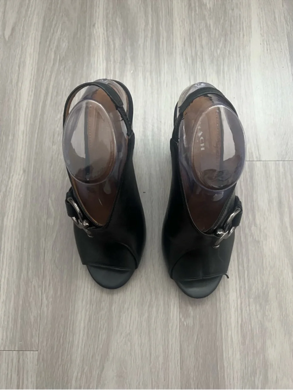Coach Black Leather Horsebit Peep Toe Block Heel Slingback Sandals Women’s 9.5